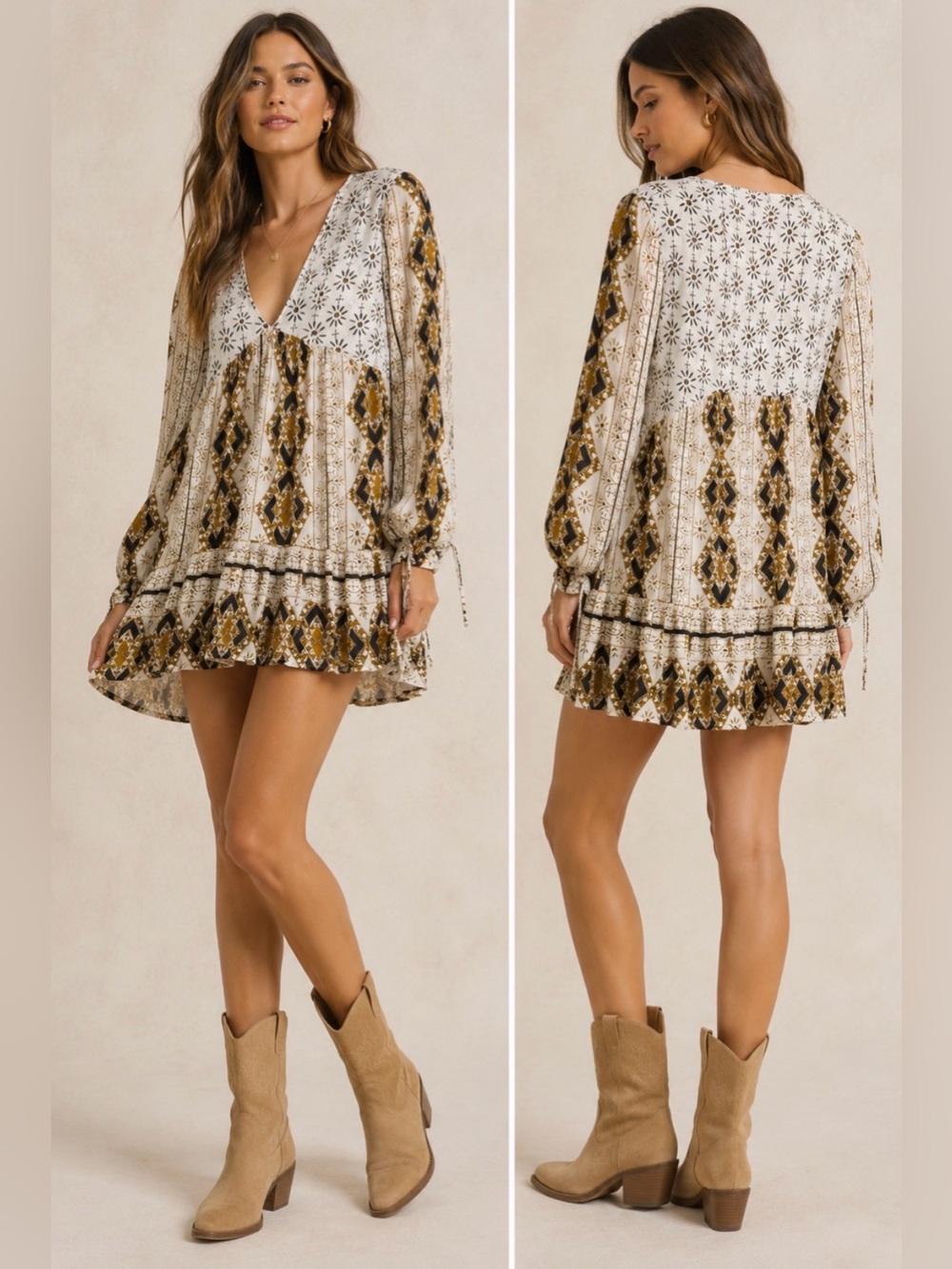 Free People Down By The Bay Tunic Dress Sz S Ivory Boho Geometric Print Babydoll